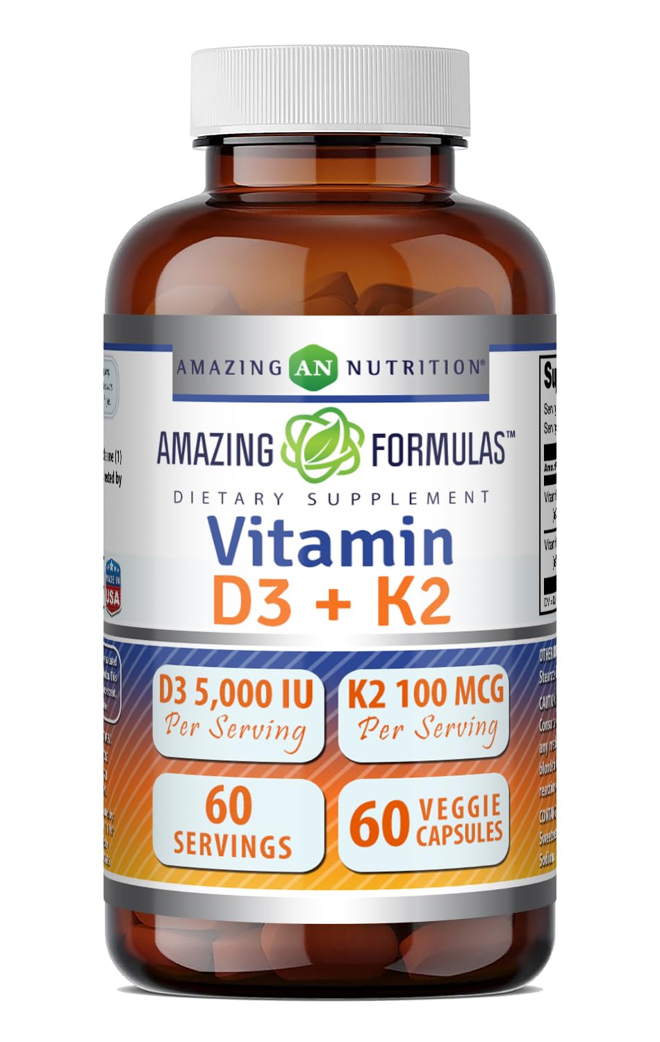 Bouteille de complément alimentaire Amazing Nutrition D3 5000 IU et K2 100 mcg vue de face
