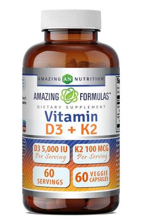Bouteille de complément alimentaire Amazing Nutrition D3 5000 IU et K2 100 mcg vue de face