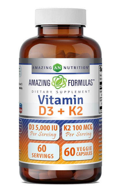 Bouteille de complément alimentaire Amazing Nutrition D3 5000 IU et K2 100 mcg vue de face