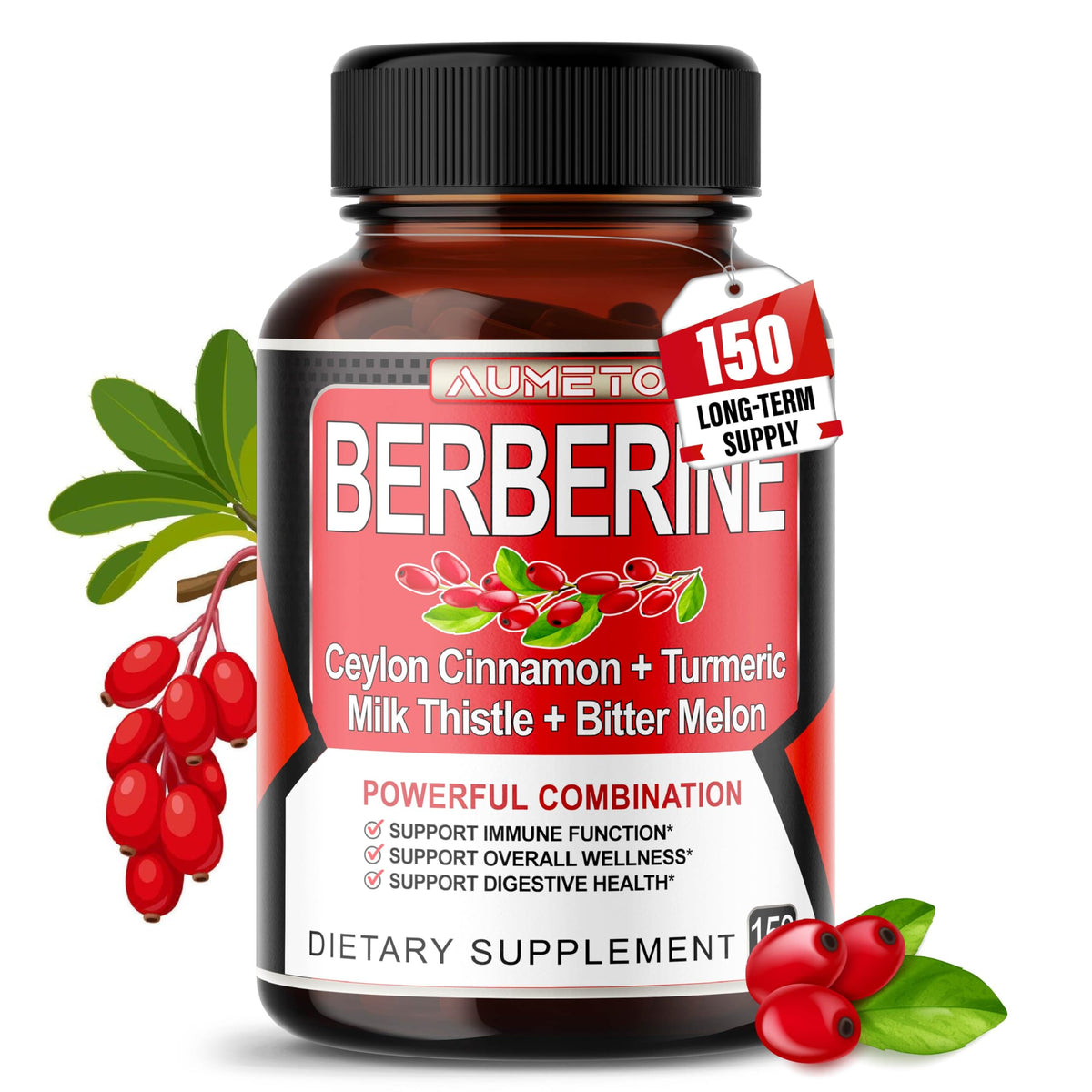 Bouteille de complément alimentaire AUMETO Berbérine 150 capsules vue de face