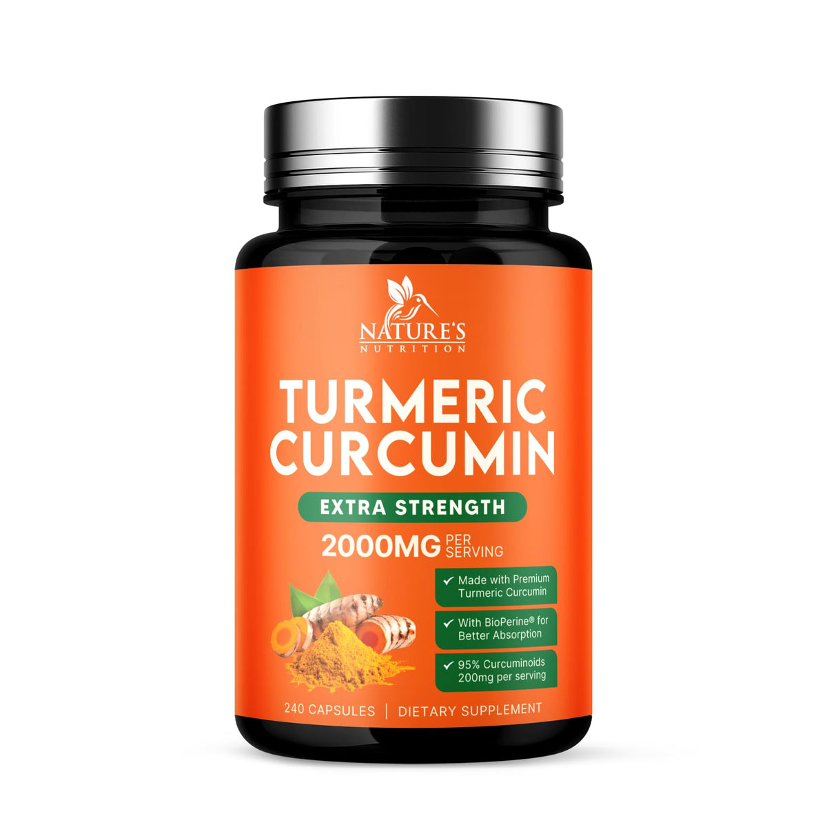 Bouteille de Complément Alimentaire Curcuma 1800mg Nature's Nutrition vue de face