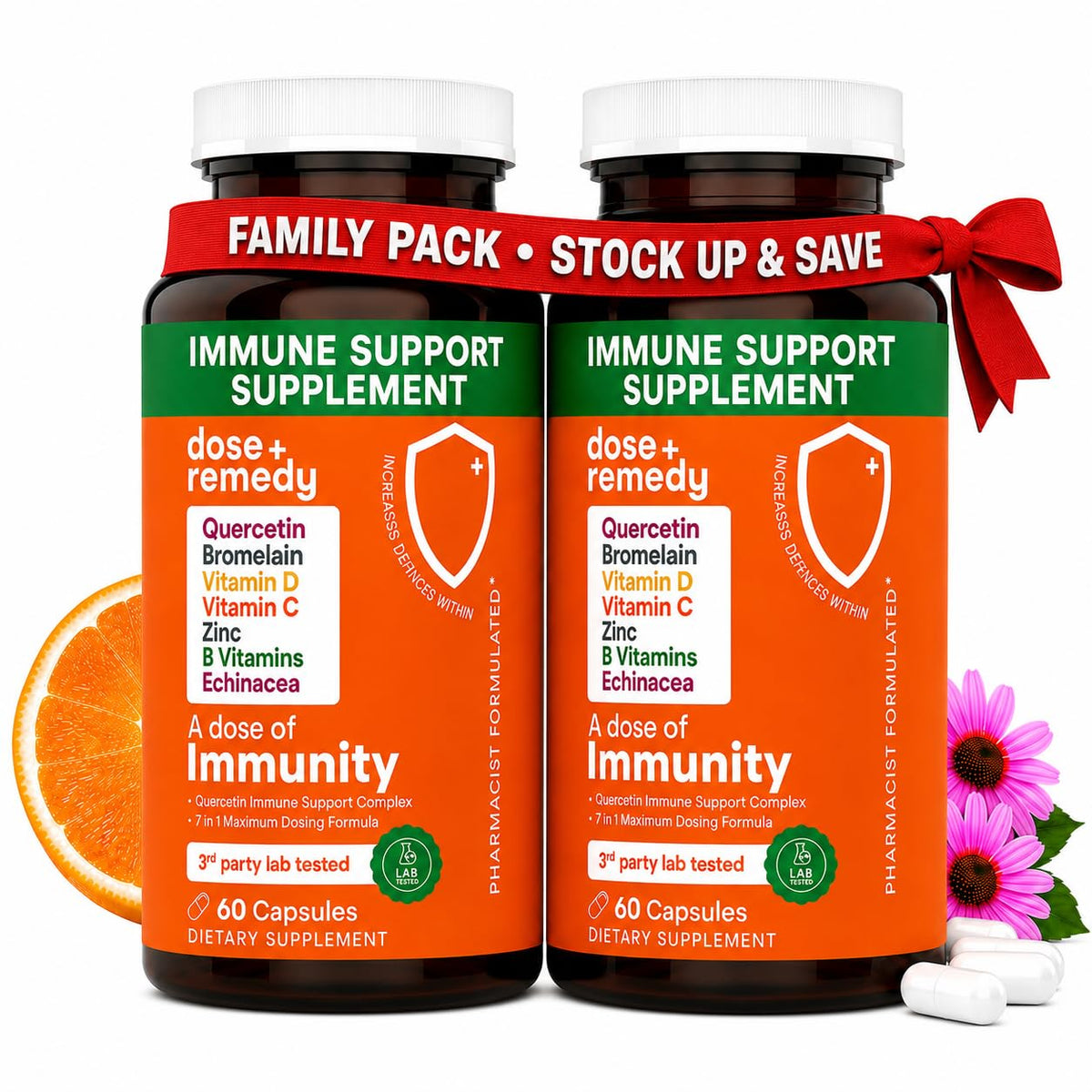 Bouteille de complément alimentaire dose + remedy Quercétine 500mg 120 capsules vue de face