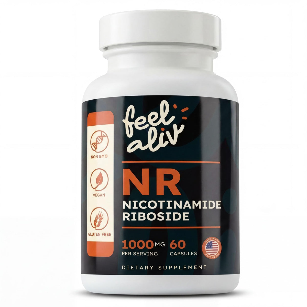 Bouteille de complément alimentaire Feelaliv Nicotinamide Riboside 1000mg vue de face