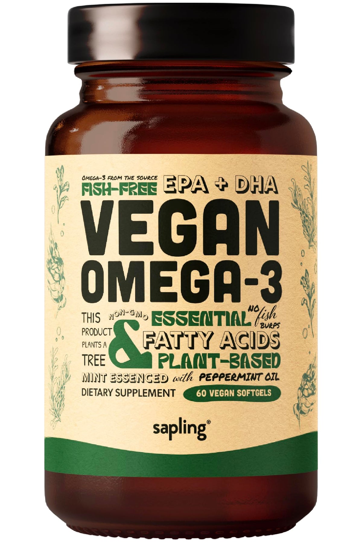 Bouteille de complément alimentaire Omega 3 Végétal sapling, vue de face