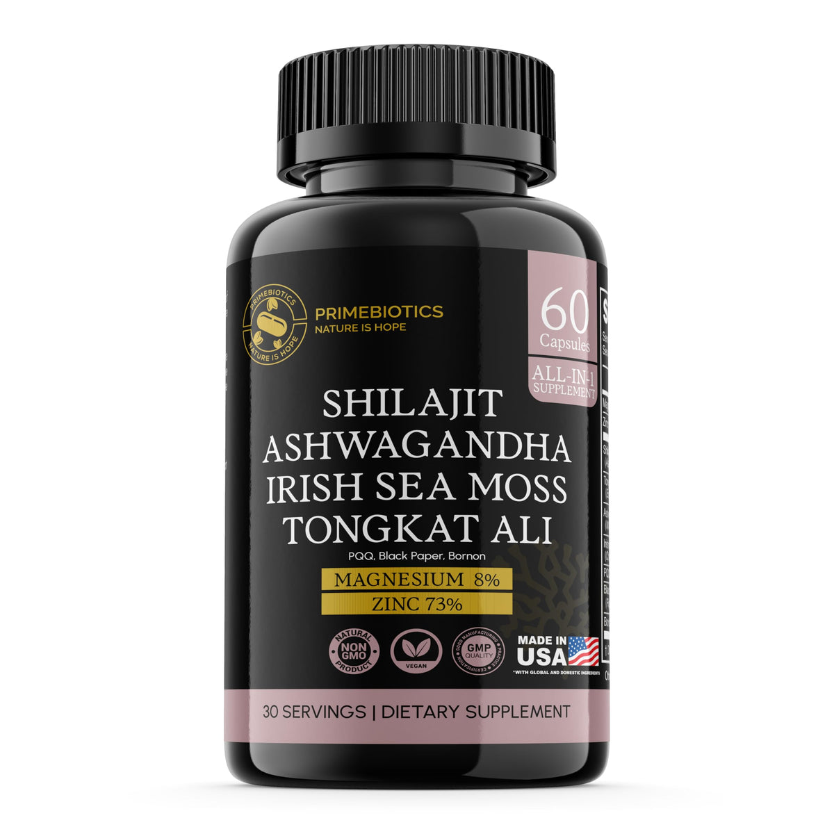 Bouteille de complément alimentaire Shilajit PrimeBiotics vue de face