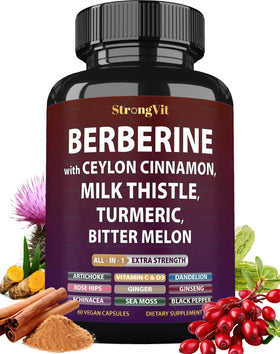 Bouteille de complément alimentaire StrongVit Berbérine et Cannelle de Ceylan, vue avant