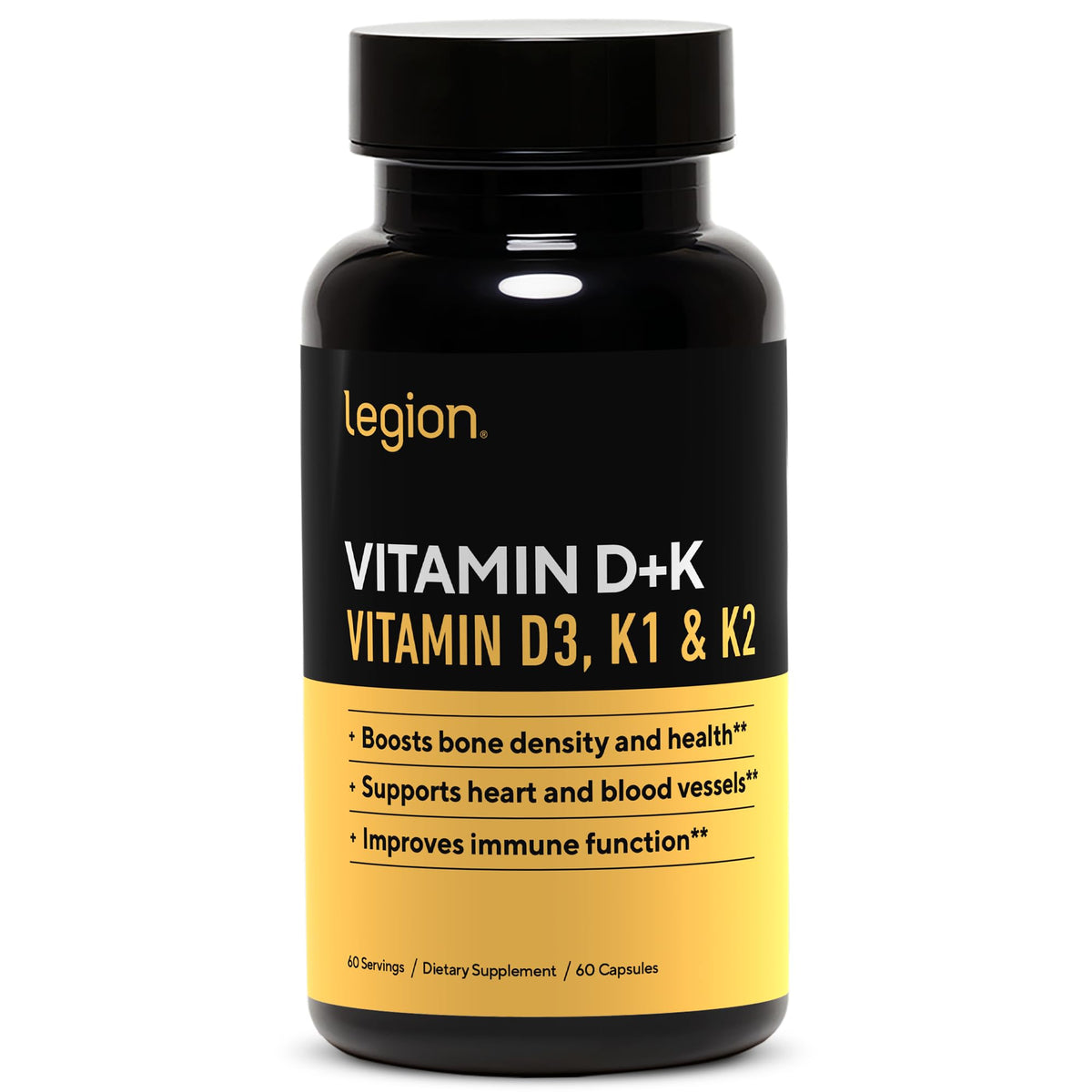 Bouteille de complément alimentaire Vitamine D3 K2 LEGION vue de face