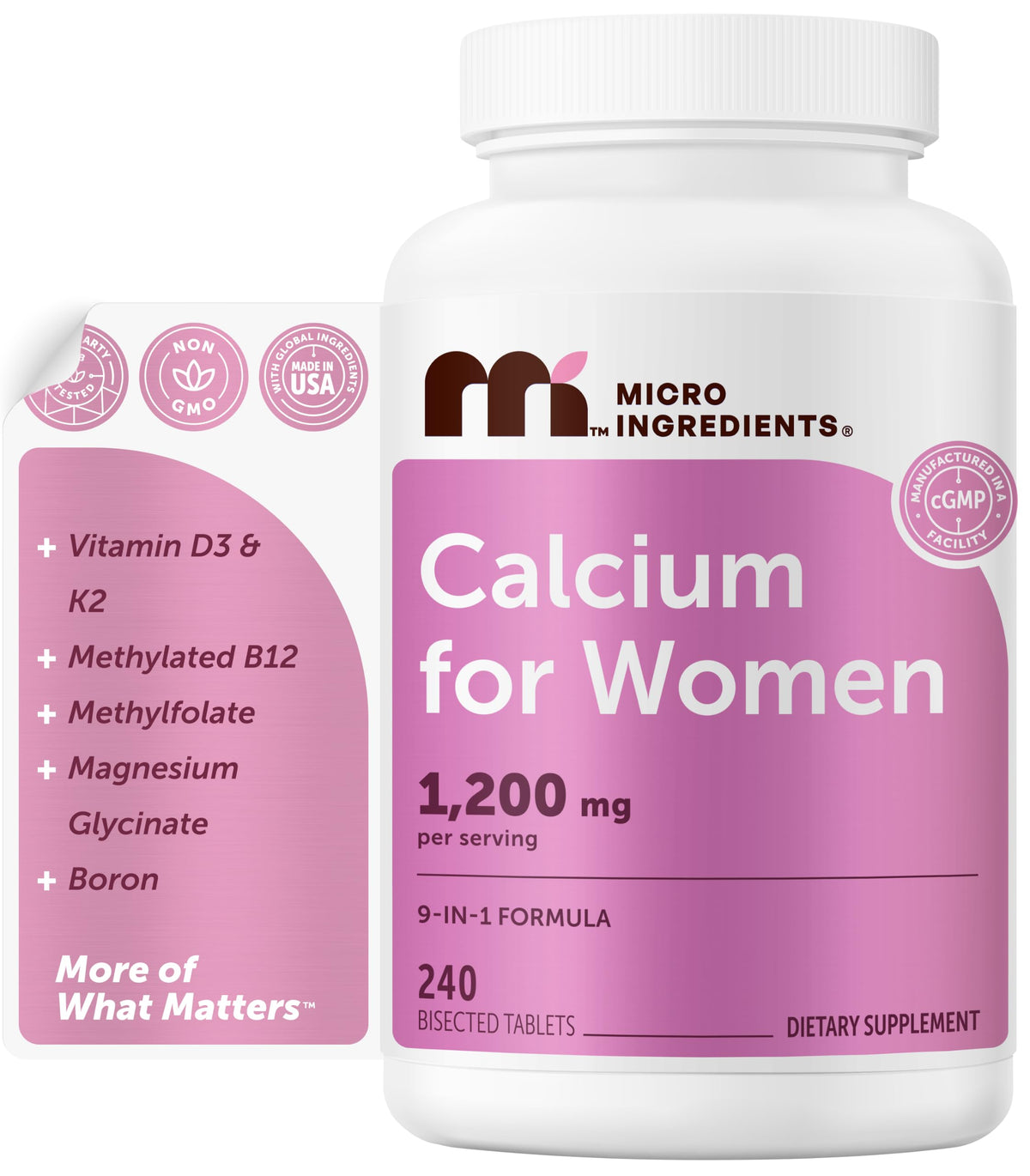 Bouteille de complément de calcium Micro Ingredients 240 tablettes vue de face