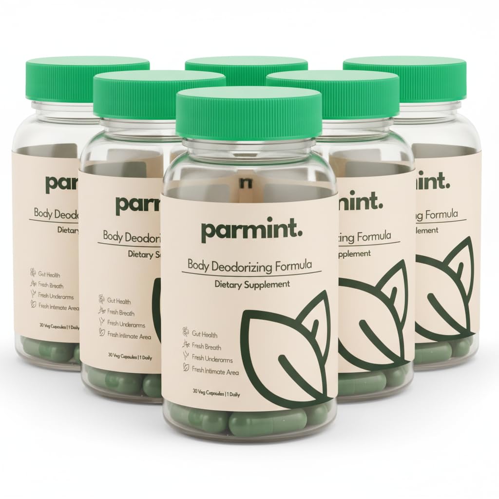 Bouteille de complément déodorant naturel parmint. vue avant avec gélules