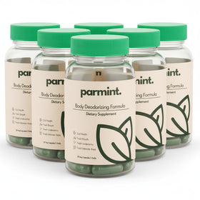 Bouteille de complément déodorant naturel parmint. vue avant avec gélules