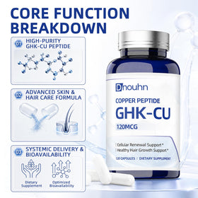 Bouteille de complément GHK-Cu ouverte avec capsules visibles