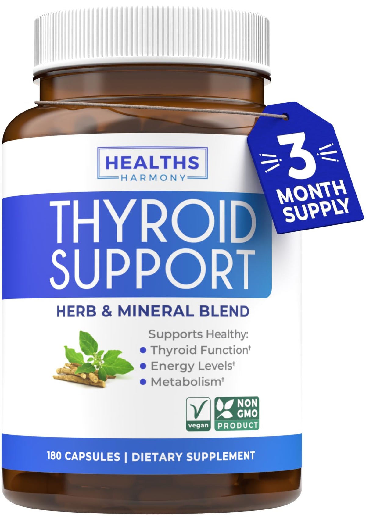 Bouteille de complément thyroïdien Healths Harmony 180 capsules vue de face