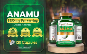 Bouteille de compléments alimentaires Anamu 1250mg avec arrière-plan naturel