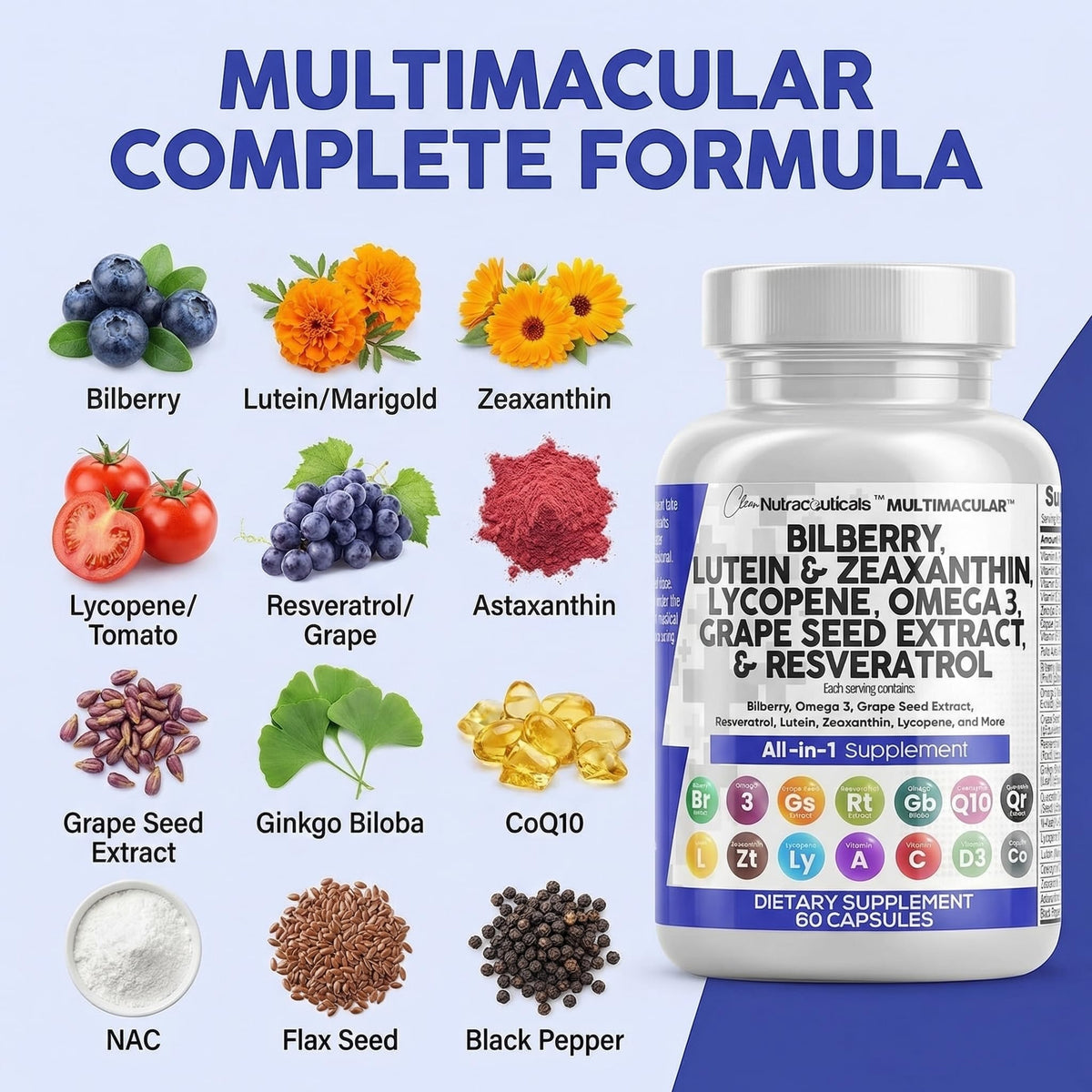 Bouteille de Compléments Alimentaires Clean Nutraceuticals Luteine 40mg sur fond blanc
