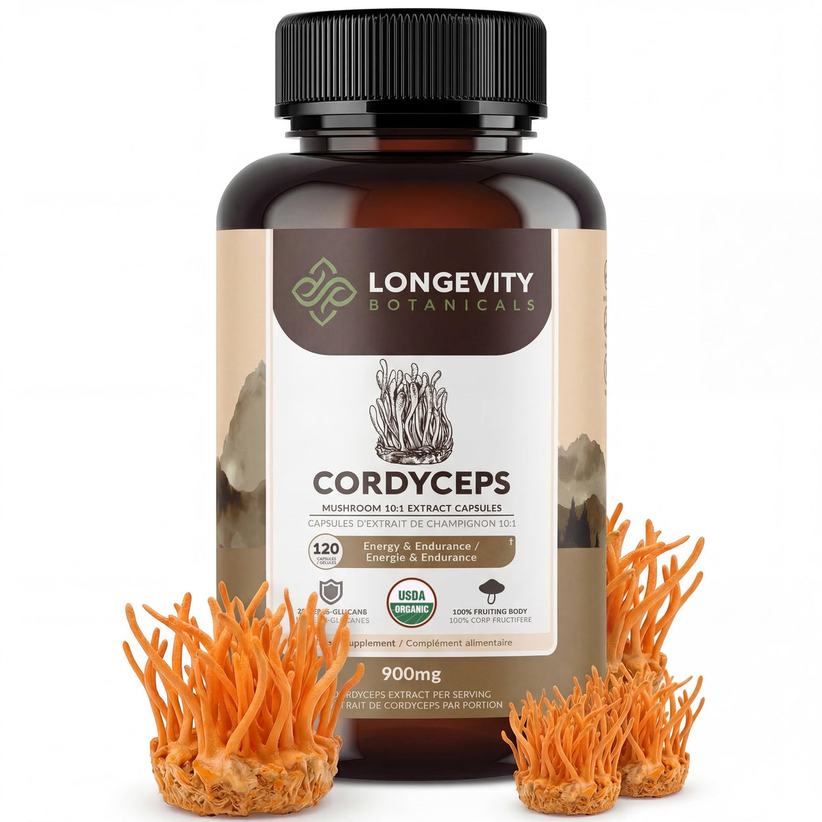 Bouteille de compléments alimentaires Cordyceps de Longevity Botanicals