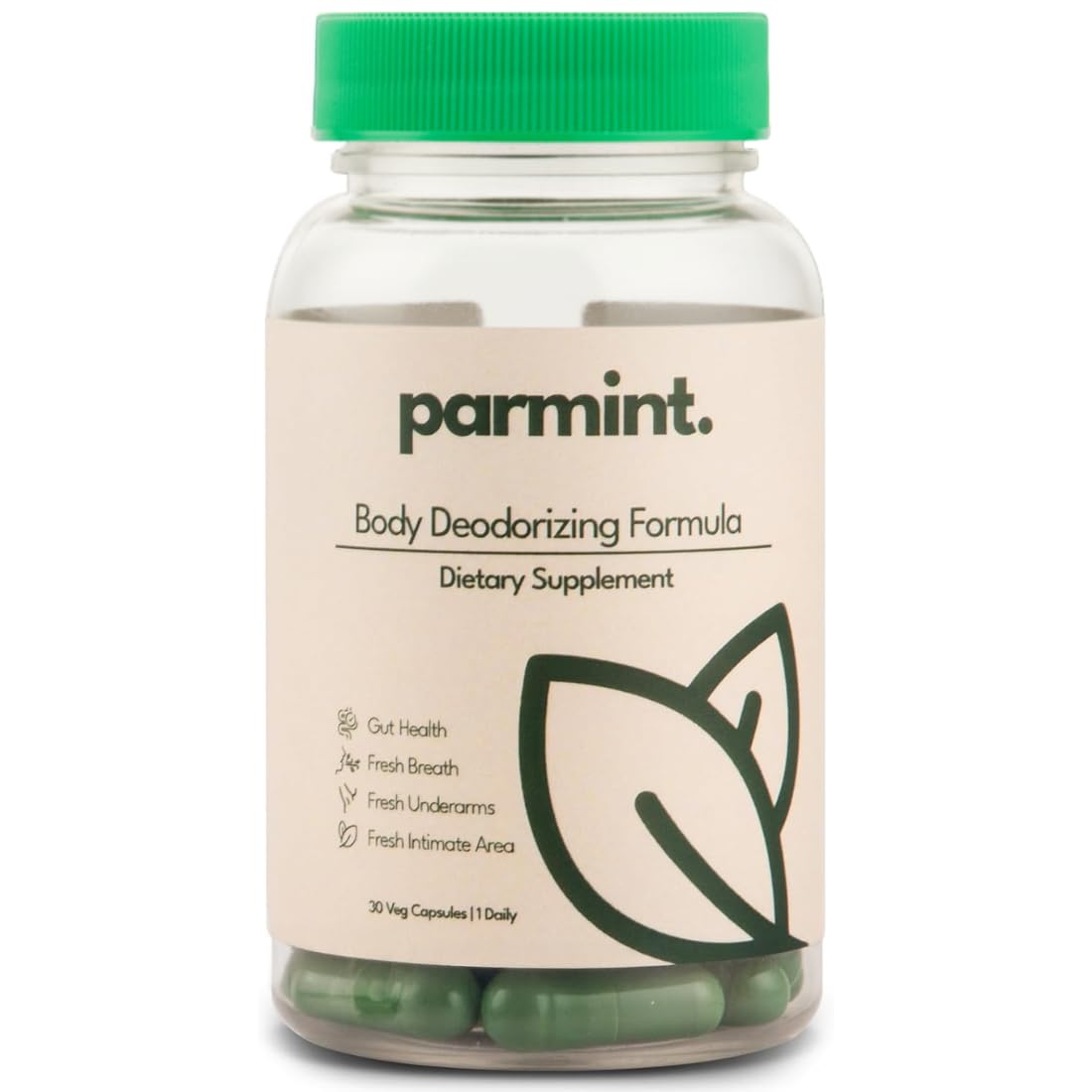 Bouteille de compléments alimentaires parmint. contenant 30 capsules déodorantes
