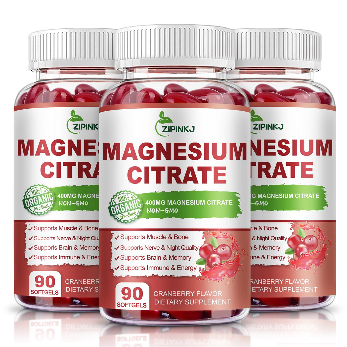 Bouteille de compléments alimentaires ZIPINKJ Magnésium Citrate 400mg vue de face