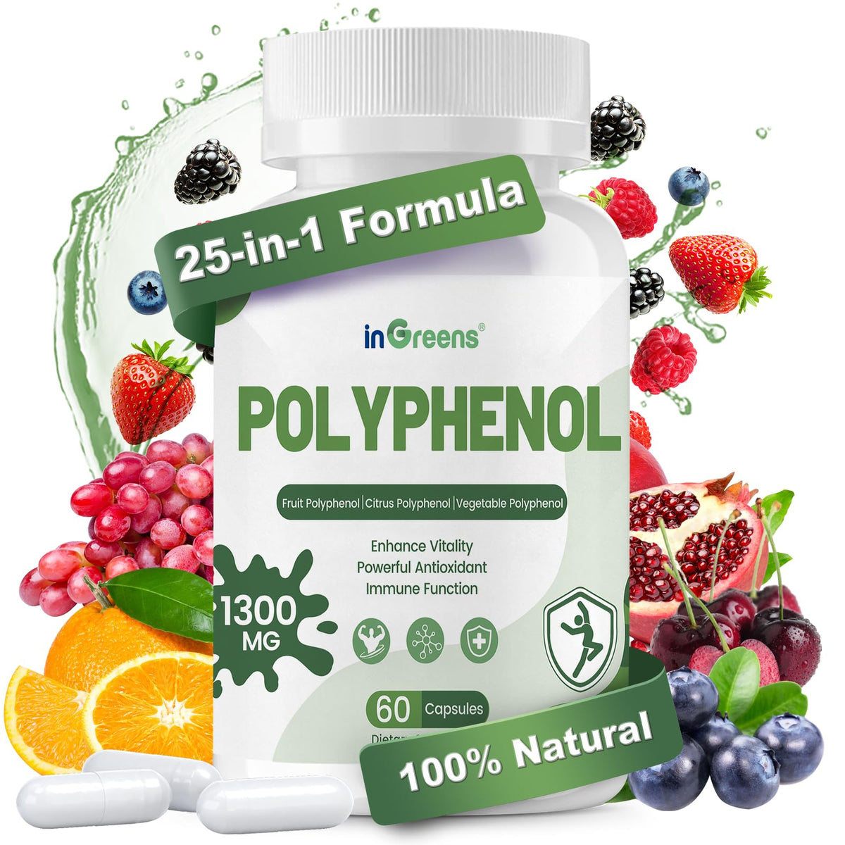 Bouteille de compléments inGreens 25-en-1 polyphénols 1300mg vue de face