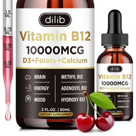 Bouteille de complexe de vitamine B12 dilib 10000 mcg, vue avant avec étiquette cerise