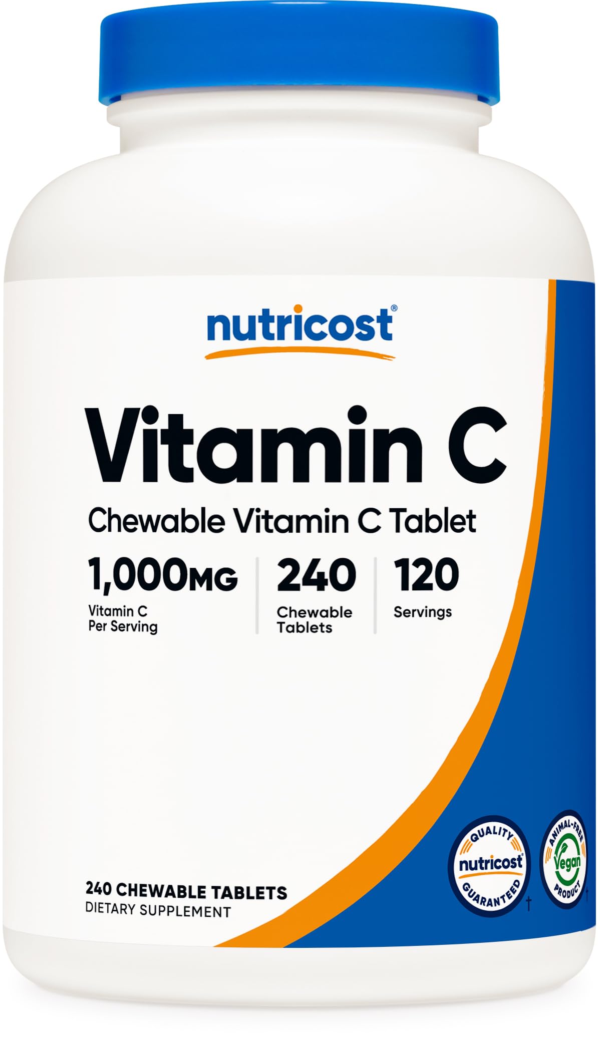 Bouteille de comprimés à mâcher de vitamine C Nutricost 1 000 mg, vue de face