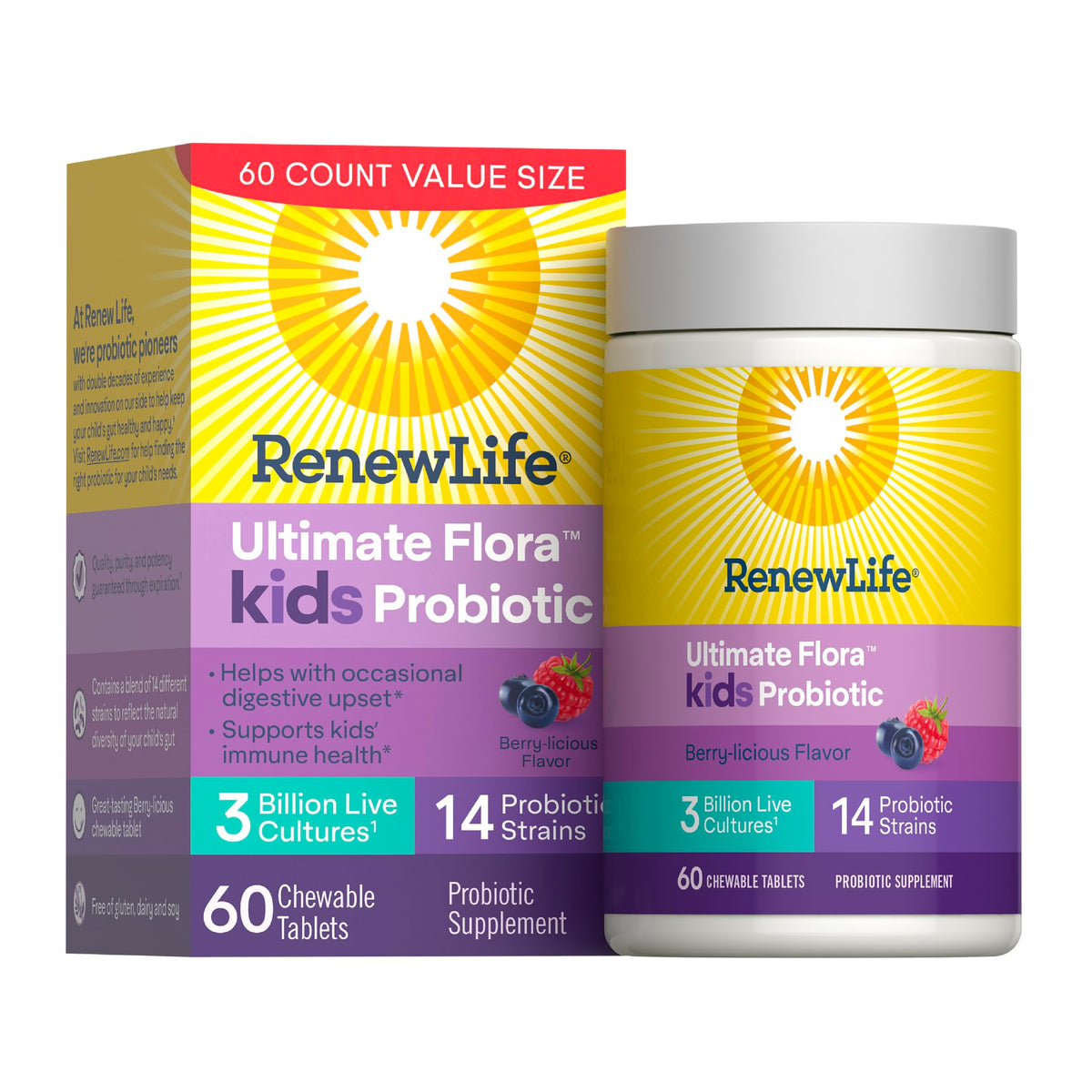 Bouteille de comprimés à mâcher Renew Life Probiotiques Enfants vue de face