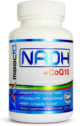 Bouteille de comprimés à mastiquer MAAC10 NADH + CoQ10 vue de face