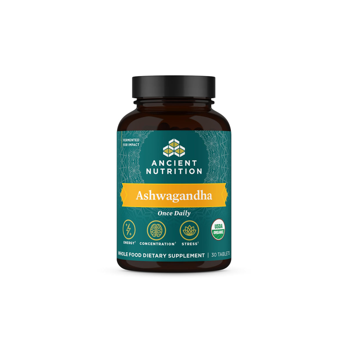 Bouteille de comprimés Ashwagandha Ancien Nutrition avec 30 comprimés