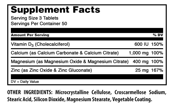 Bouteille de comprimés Calcium Magnésium Zinc D3 Amazing Nutrition, étiquette visible