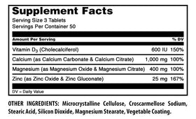 Bouteille de comprimés Calcium Magnésium Zinc D3 Amazing Nutrition, étiquette visible