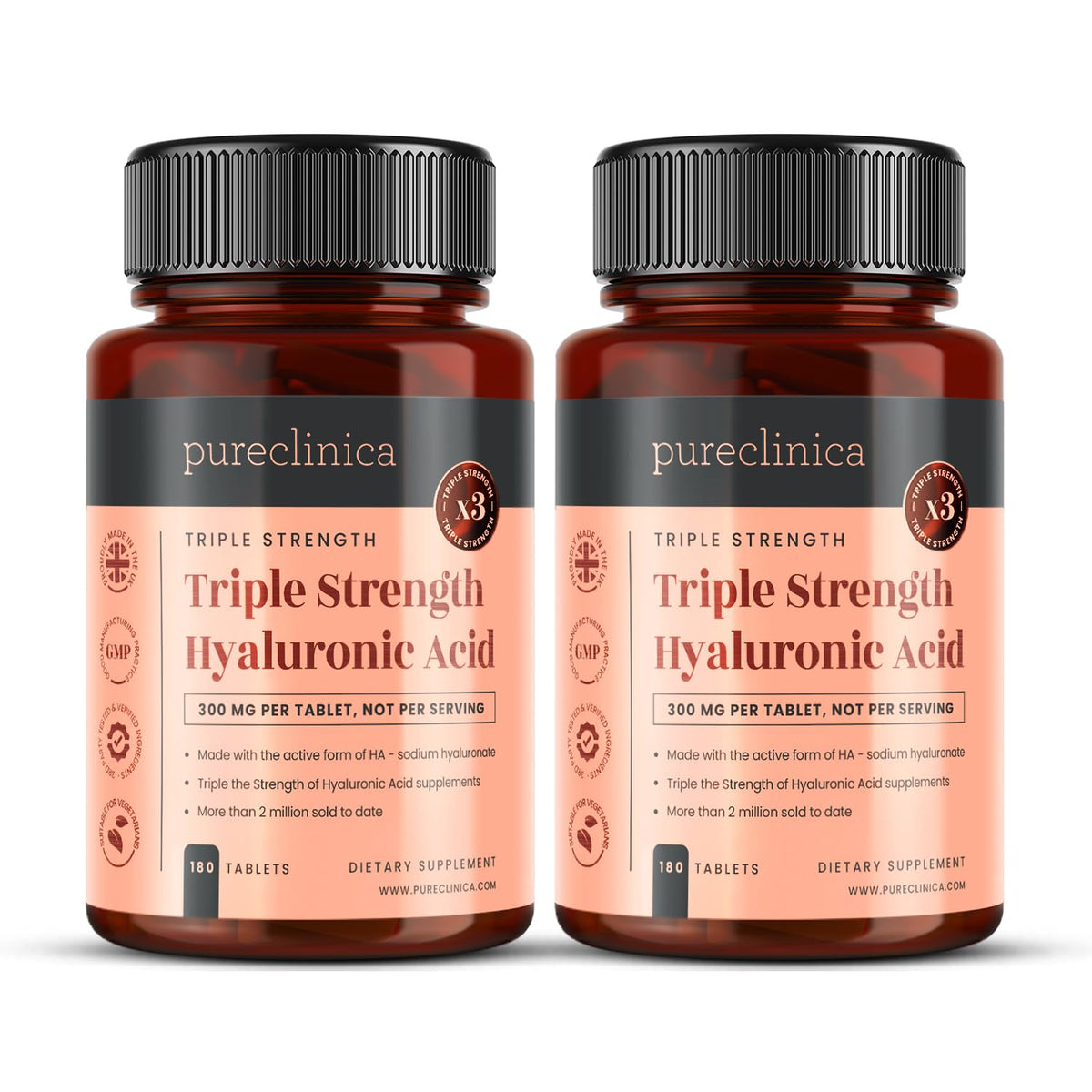 Bouteille de comprimés d'acide hyaluronique pureclinica 300mg vue de face