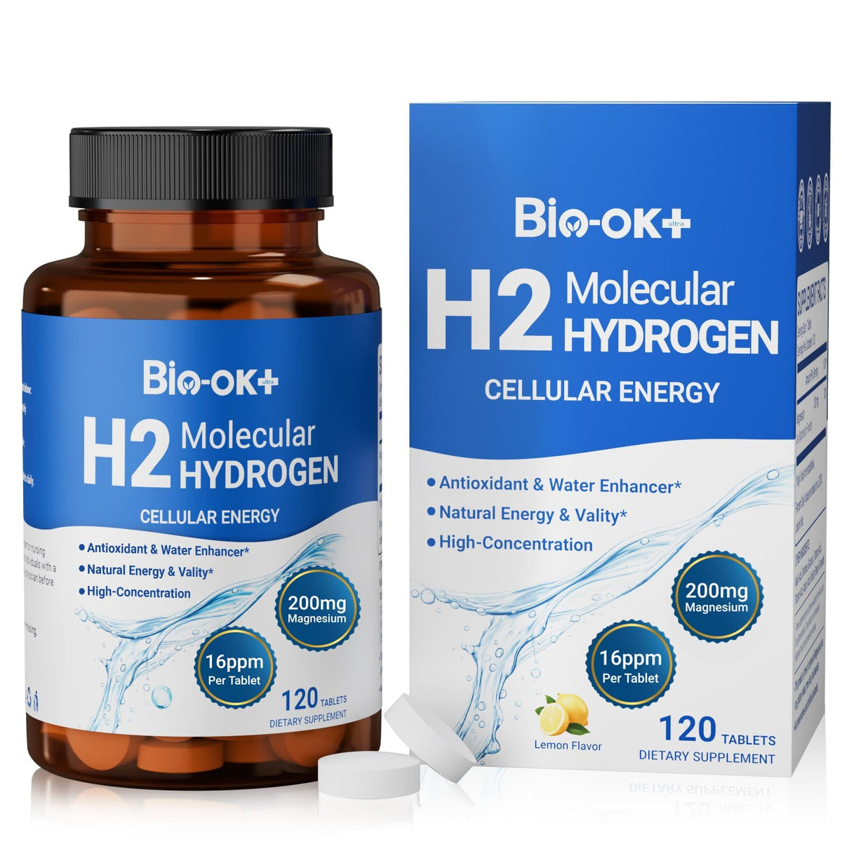 Bouteille de comprimés d'eau hydrogénée Biookultra avec 200mg de magnésium