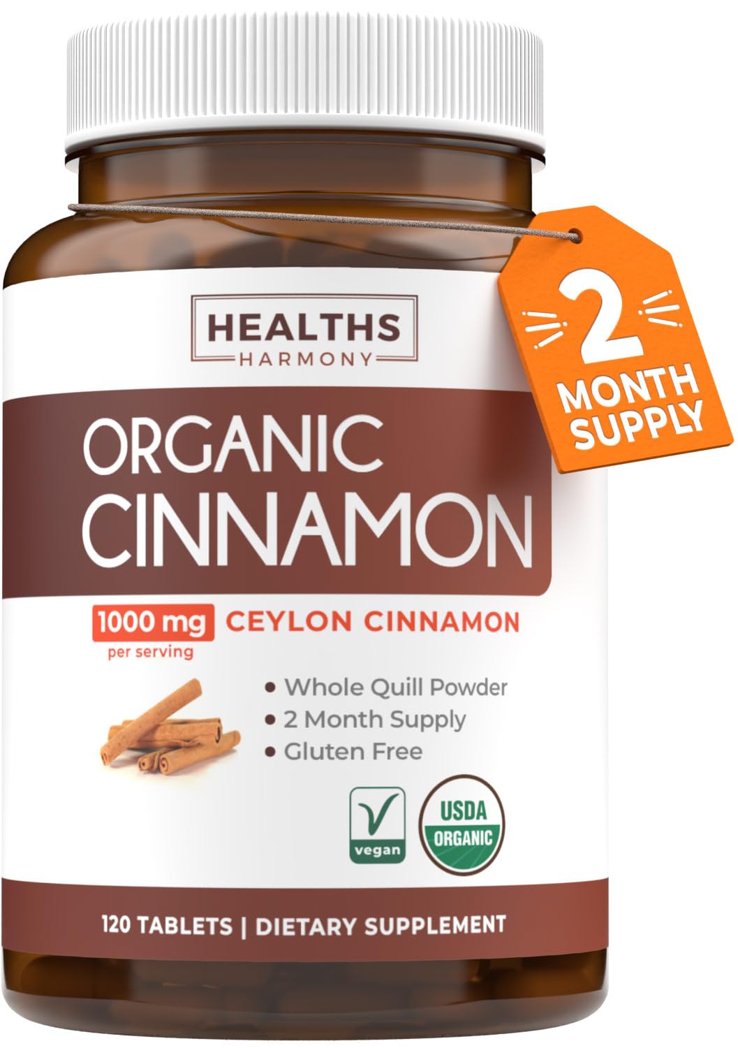Bouteille de comprimés de cannelle de Ceylan Healths Harmony vue de face