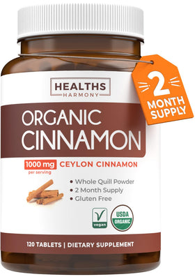 Bouteille de comprimés de cannelle de Ceylan Healths Harmony vue de face