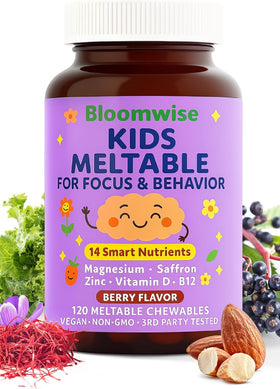 Bouteille de comprimés fondants Hello Bloomwise pour enfants avec étiquette