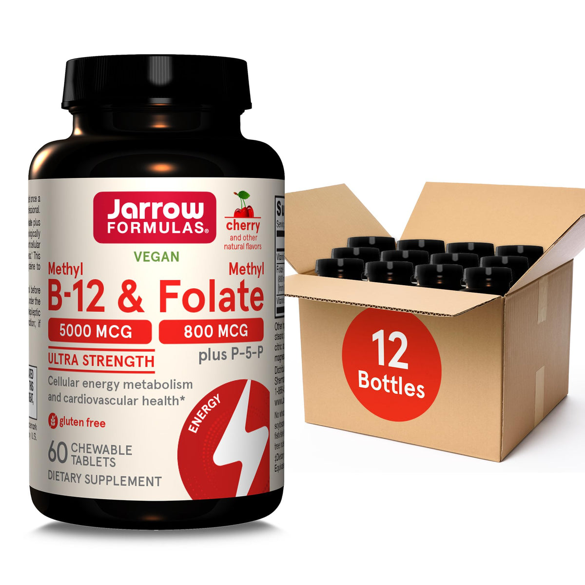 Bouteille de comprimés Jarrow Formulas Methyl B-12 5000 mcg avec Methyl Folate 800 mcg vue de face