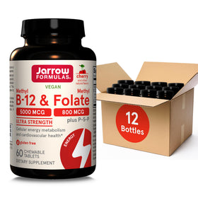 Bouteille de comprimés Jarrow Formulas Methyl B-12 5000 mcg avec Methyl Folate 800 mcg vue de face