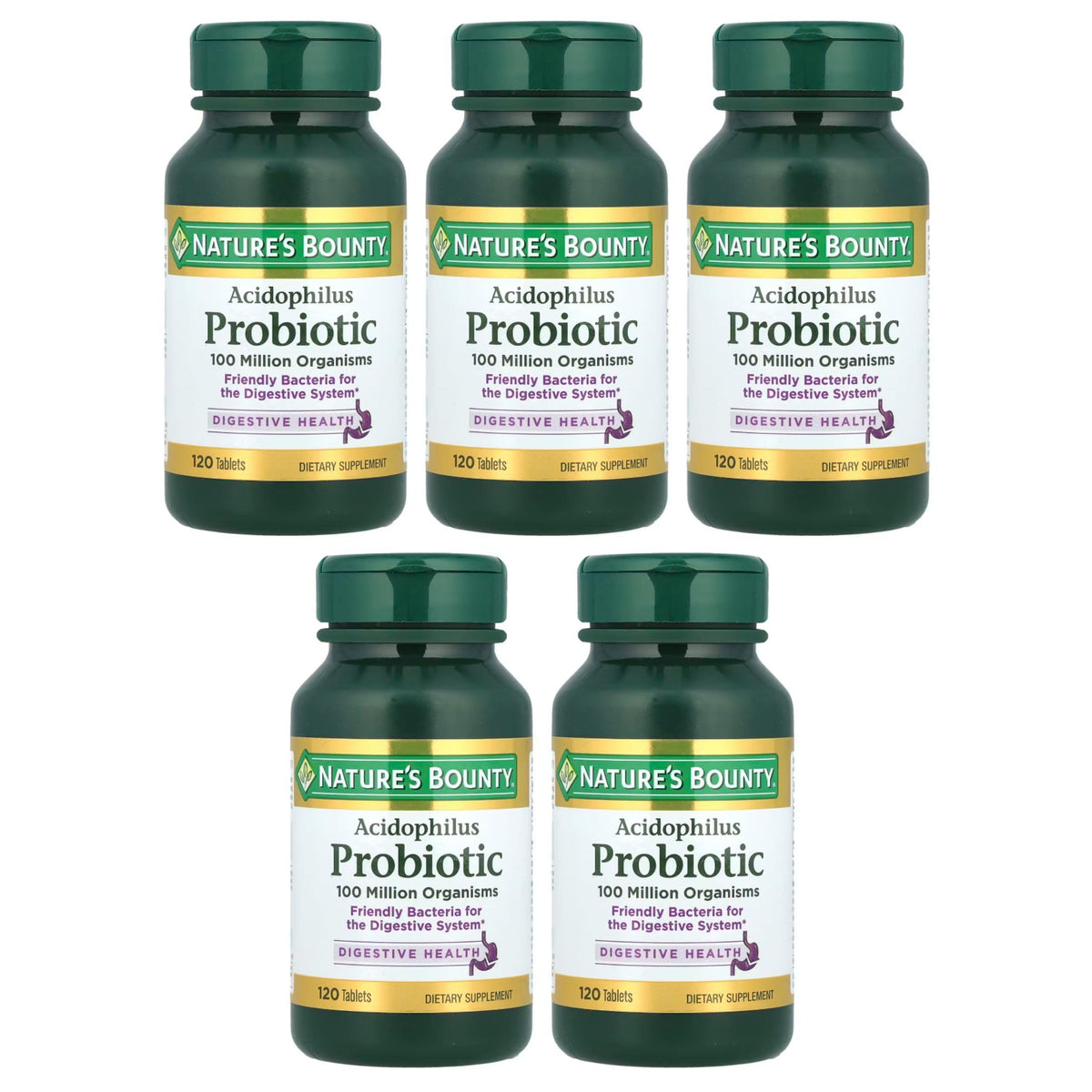 Bouteille de comprimés probiotiques Acidophilus Nature's Bounty vue de face