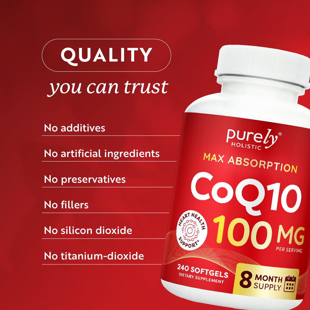 Bouteille de CoQ10 100mg ouverte avec gélules