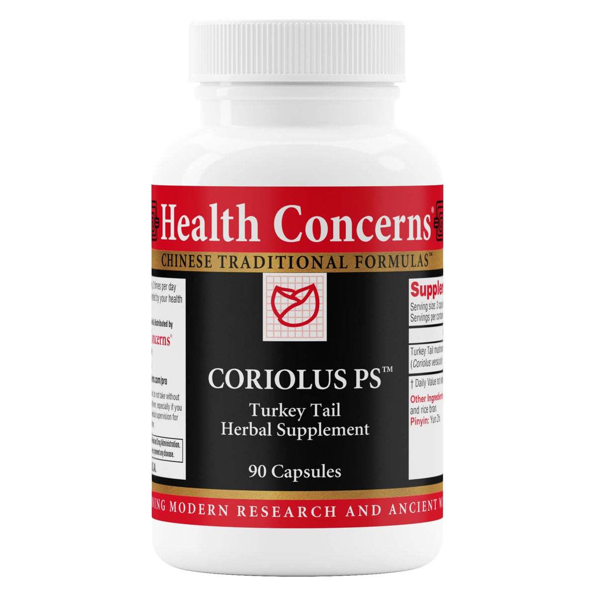 Bouteille de Coriolus PS de Health Concerns 1500mg 90 capsules vue de face