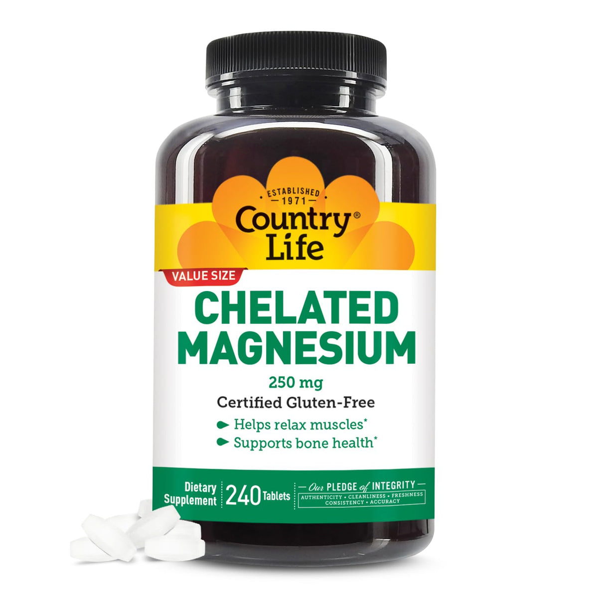 Bouteille de Country Life Magnésium Chélaté 250 mg, 240 comprimés vue de face