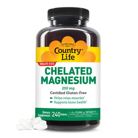 Bouteille de Country Life Magnésium Chélaté 250 mg, 240 comprimés vue de face