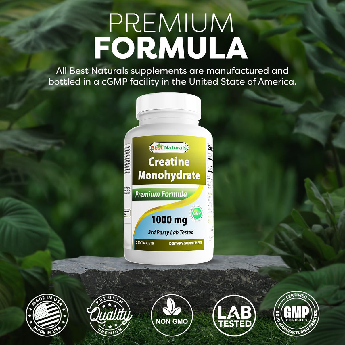 Bouteille de créatine monohydrate Best Naturals ouverte avec comprimés visibles