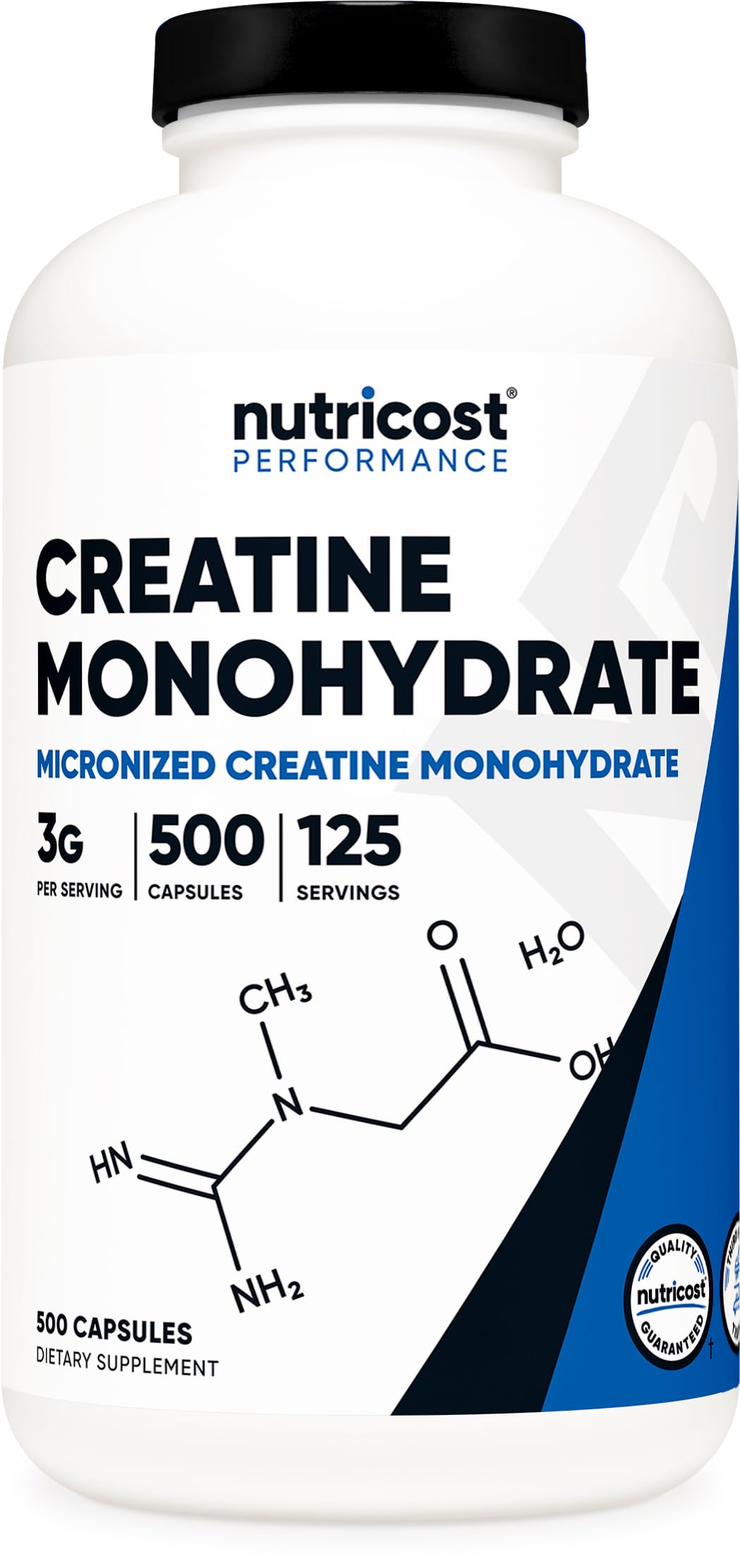 Bouteille de créatine monohydrate micronisée Nutricost 3000mg vue de face