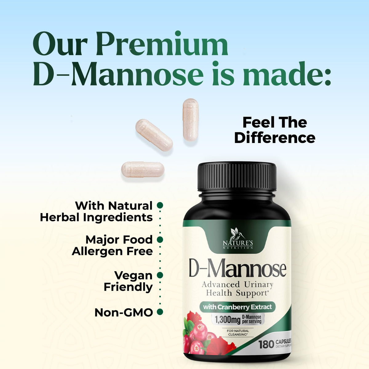 Bouteille de D-Mannose 1300 mg Nature's Nutrition ouverte