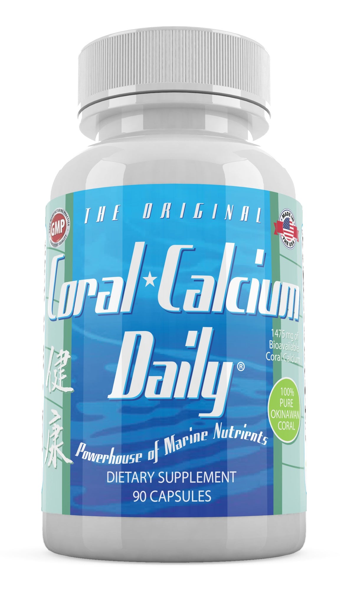 Bouteille de Daily Health Calcium Corail ouverte avec capsules visibles