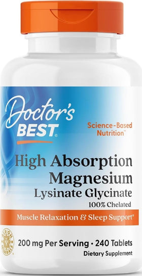 Bouteille de Doctor's BEST Magnésium Glycinate Lysinate 240 comprimés vue de face