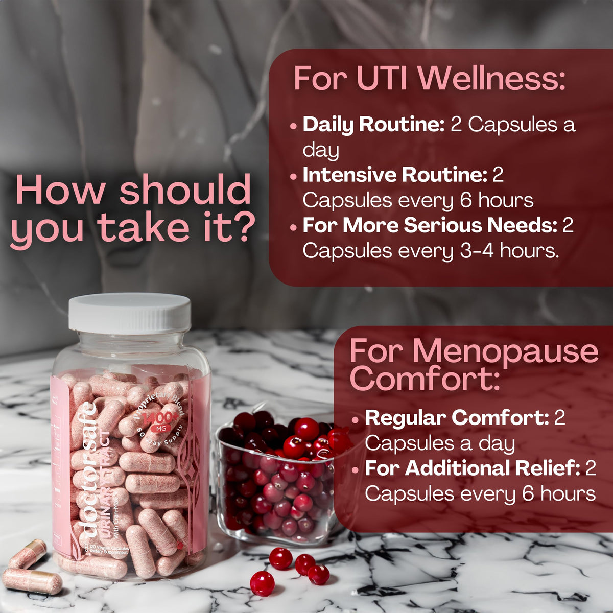 Bouteille de DOCTOR SAFE Cranberry D-Mannose sur fond neutre