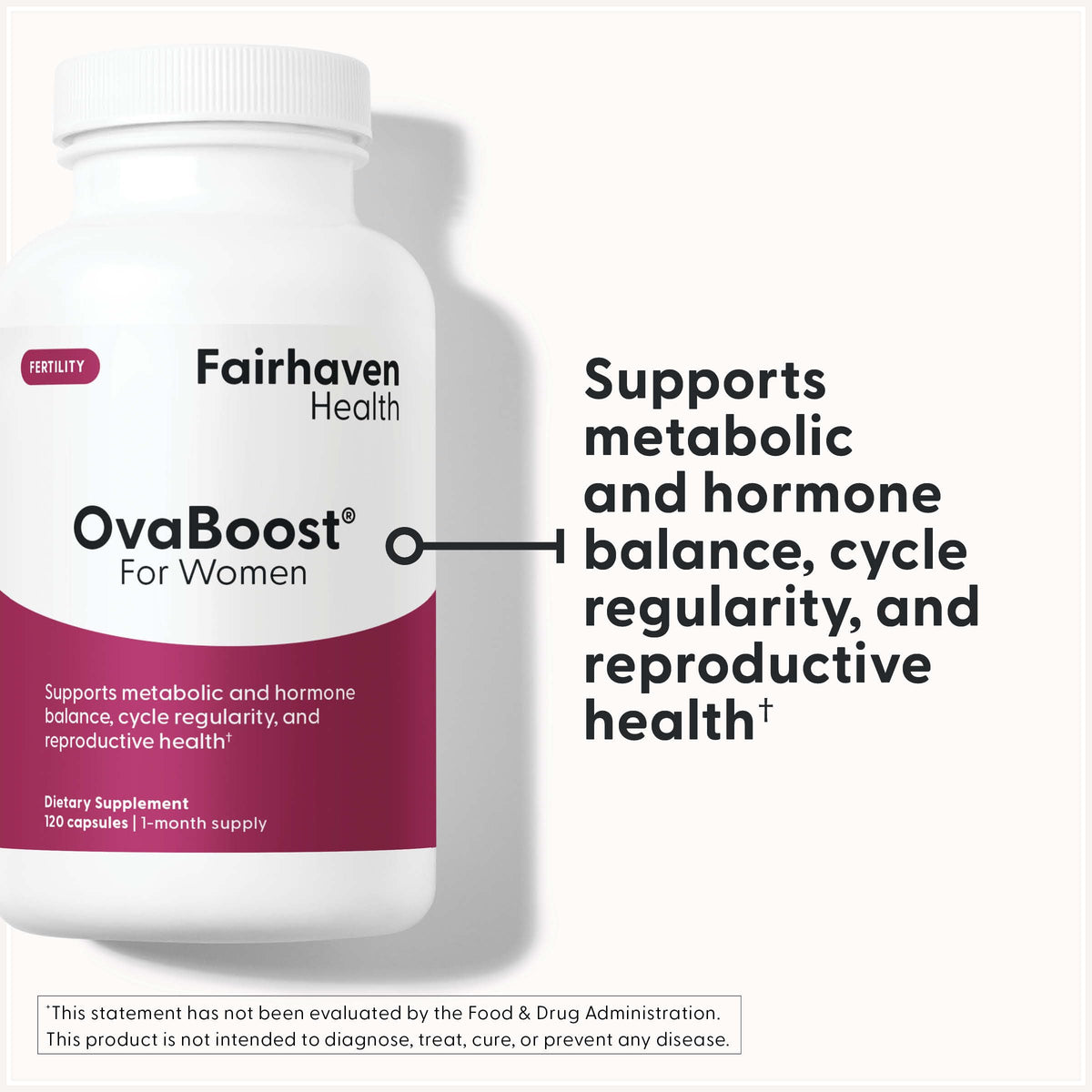 Bouteille de Fairhaven Health OvaBoost avec capsules en arrière-plan