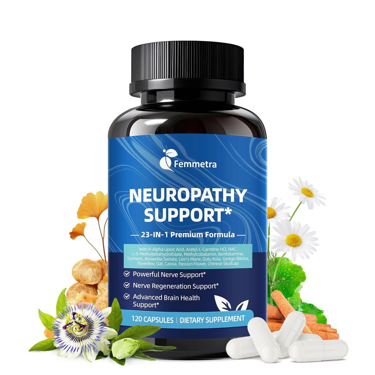 Bouteille de Femmetra Complément Alimentaire de Soutien Neuropathie 1200mg R-Alpha Lipoïque vue de face