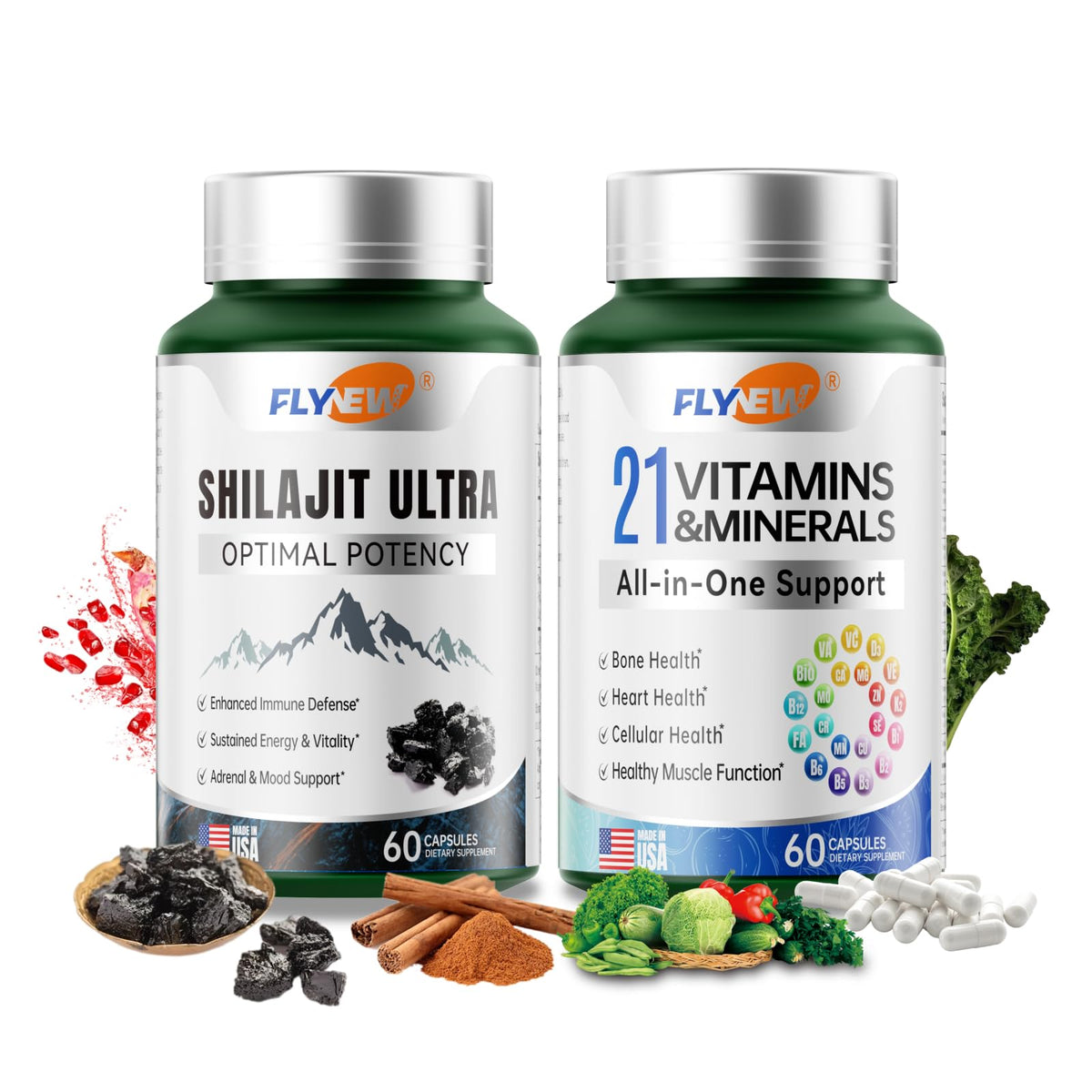 Bouteille de Flynew Shilajit et Multivitamines 60 capsules vue de face